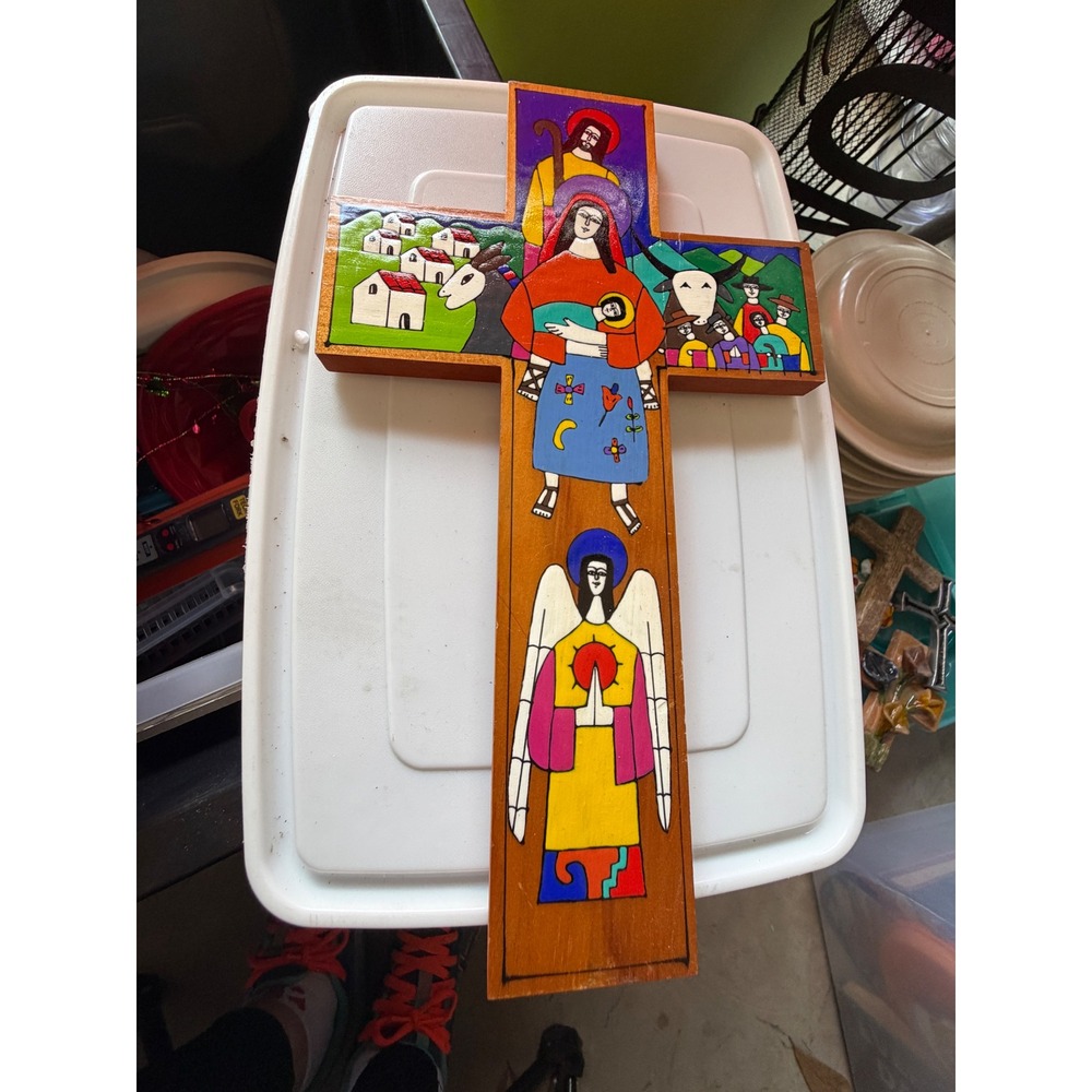 Vintage Salvadoran Folk Art Wood Cross Hand Painted Nativity Angel 12 Inch